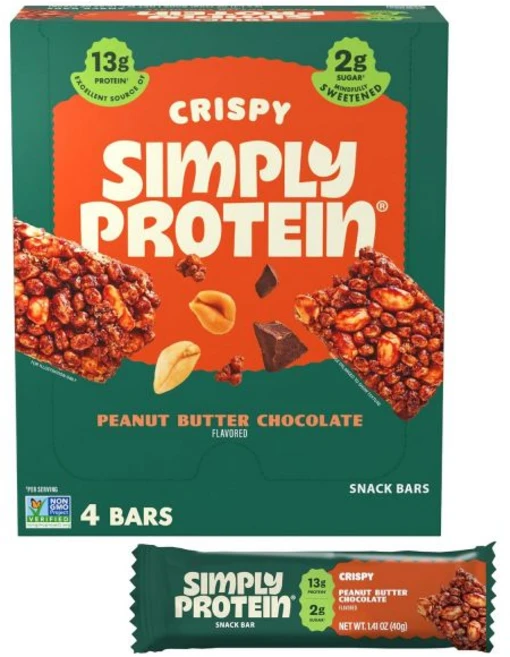 심플리 프로틴 - 크리스피 비건 바 버라이어티 팩 3가지 맛 식물성 단백질 스낵 13g 당 2g 섬유질 7g 글루텐 프리 논 GMO 코셔 12개 바 3박스, 땅콩 버터 초콜릿 - 쿠팡