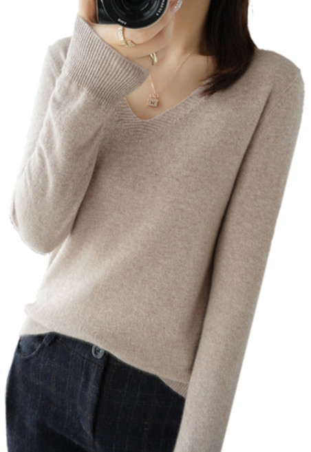 핑크셀럽 여성용 브이넥 보들 니트 티셔츠