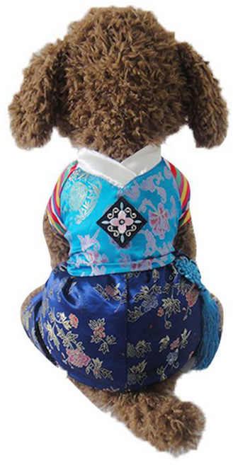 반려동물 옷 전통 자수 색동 저고리 귀여운 강아지 한복 명절의상 슬림소녀, 1개, 블루