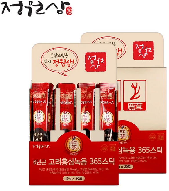 정원삼 6년근 고려홍삼녹용 365스틱 10g x 20포 1+1, 정원삼 고려홍삼녹용 20포 (1+1), 20개