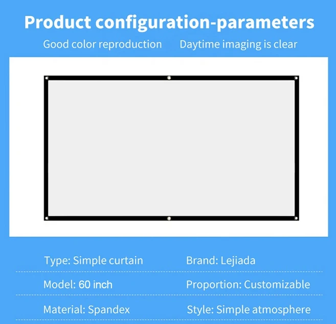 169 프로젝터 커튼 60 72 84 100 인치 HD 디스플레이 스크린 극장 홈 야외용, 04 60 inch, 01 CHINA