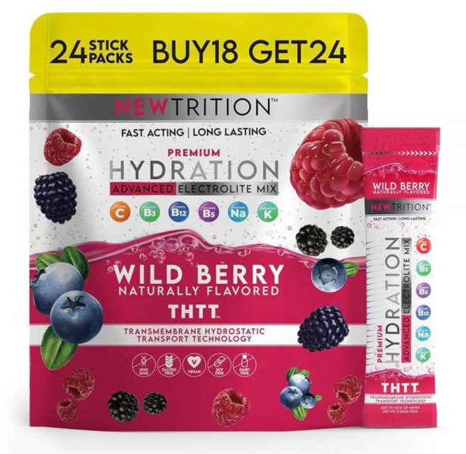 NewTrition 하이드레이션 파우더 전해질 파우더 패킷 천연 맛의 수분 공급 패킷 비타민 B&C 에너지 및 회복이 포함된 빠른 수분 공급 전해, NewTrition 하이드레이션 파우더, 전해질 파우더