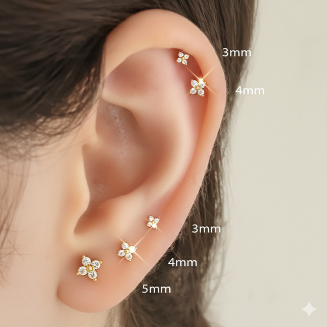 해월성 행운 네잎 클로버 3mm 4mm 5mm 큐빅 피어싱 6개1세트