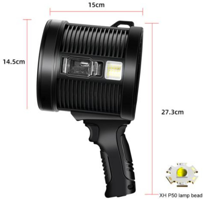 고출력 LED 손전등 충전식 USB 서치라이트 COB 램프 강력한 태양 스포트라이트 사냥용 장거리 헤드라이트 파인더, Large, Black, Bulit-in