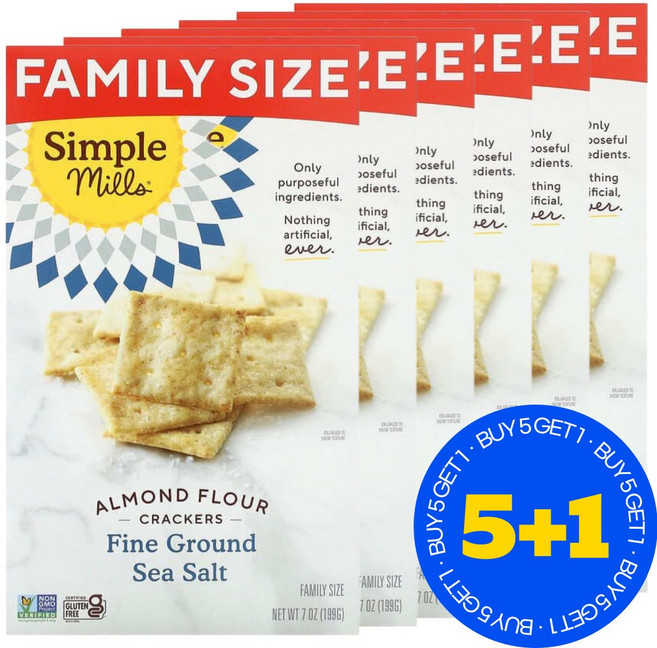 [5+1] Simple Mills 아몬드 가루 크래커 고운 천일염 패밀리 사이즈 199g(7oz), 6개, 199g
