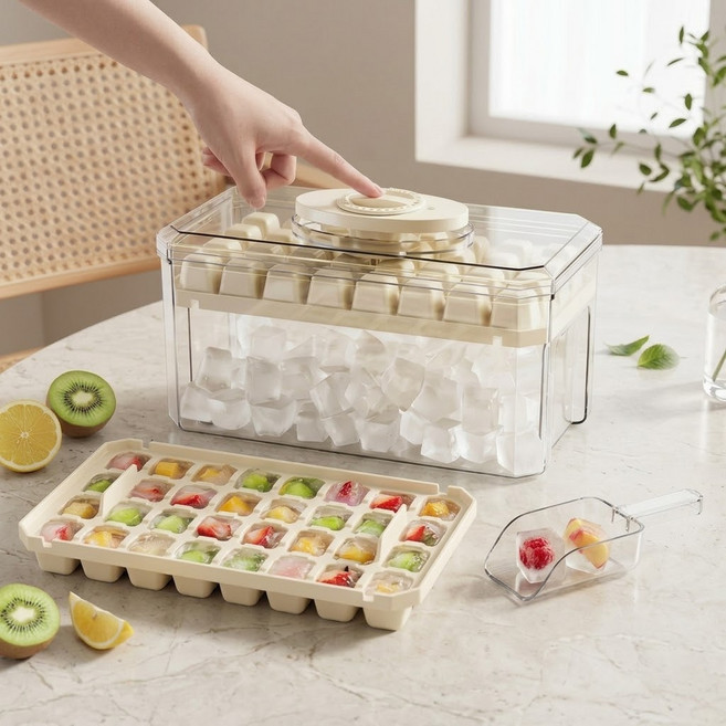 상덕 원터치 얼음 트레이 64구 아이스 메이커 대용량 얼음 보관통 분리형 얼음틀, 1개, 투명해요