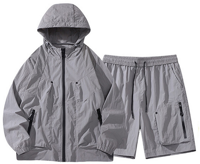 Luminax 남성 패션 자외선 차단 세트 조깅복 세트 방수 통기 속건 얇은 후드 바람막이 밴딩 반바지 러닝 트레이닝 세트 자전거 복장 남자 세트, 그레이