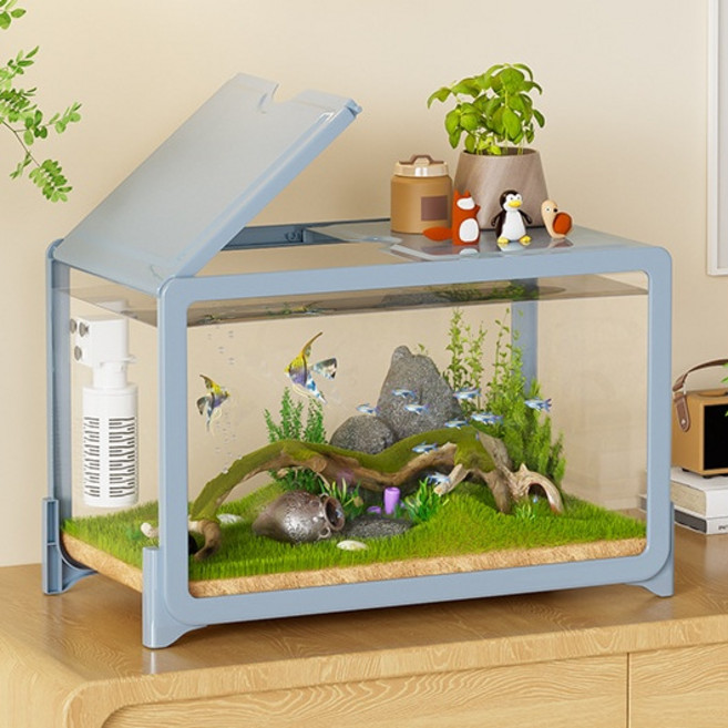 Fowod 컬러 아크릴 수조 깨지지 않는 고투명 어항 거북이집 파충류 케이지 인테리어 어항, 1개, 푸른 색