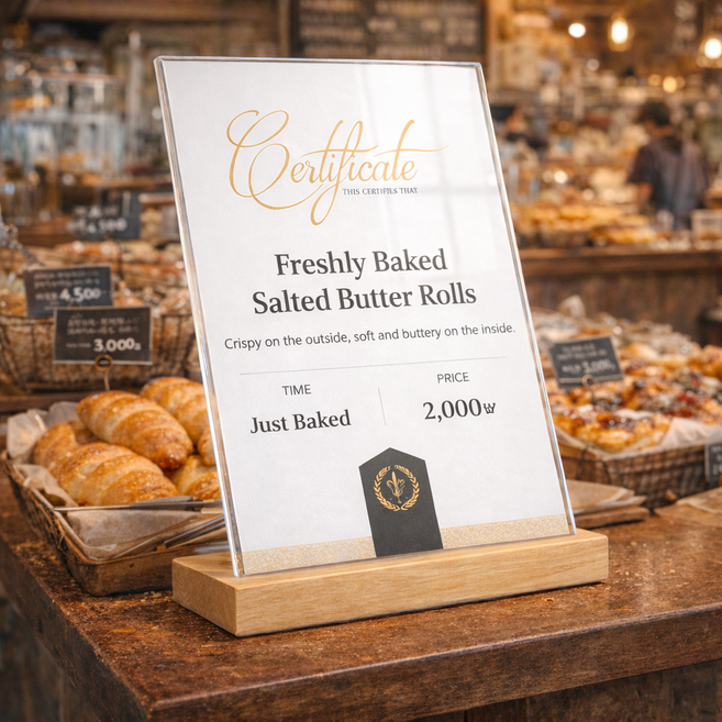 마벨인홈 감성 우드 베이스 원목 아크릴 메뉴판 POP 꽂이 카페 테이블 안내판 세로형, 1개, 오크