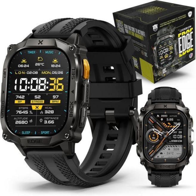 CARBINOX Edge Smart Watch Rugged 1.96″ AMOLED Stainless Steel IP69K5ATM Fitness trackers Dual-Band, Black