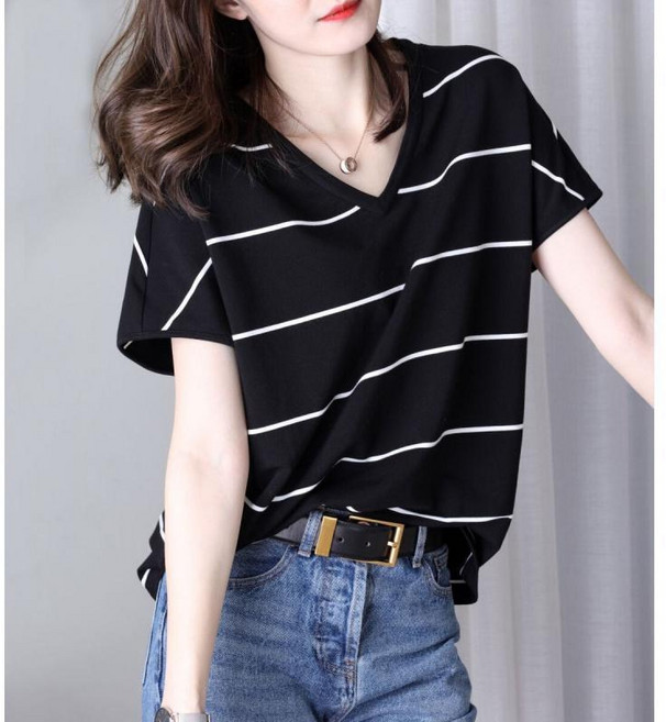 大尺碼條紋短袖上衣 寬鬆V領T恤 夏季女裝