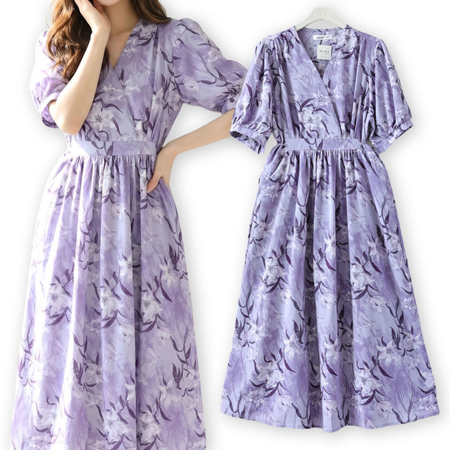 메리앤유 퍼프 반팔 랩스타일 플라워 쉬폰 롱 원피스 휴양지