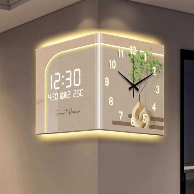 코너벽시계 무소음 시계 양면시계 학원 거실 녹색 식물 인테리어 효과, A형 25센치/LED/보조배터리/리모컨