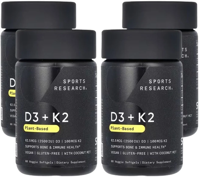 스포츠리서치 D3 + K2 식물성 성분 베지 소프트젤 60 정, 4개, 60정 - 쿠팡