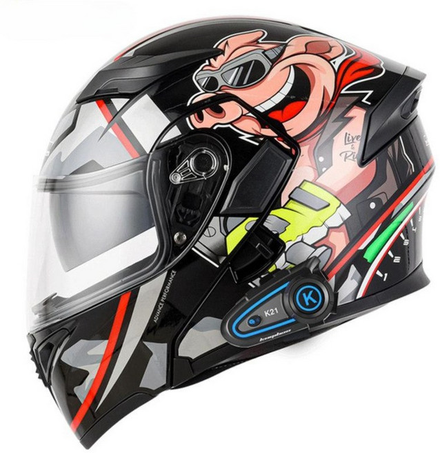 당당상점 블루투스 오토바이 헬멧 초경량 시스템 풀페이스 듀얼바이저 장시간 라이딩, 피글릿 레드 (K21S 블루투스 + 워키토키)