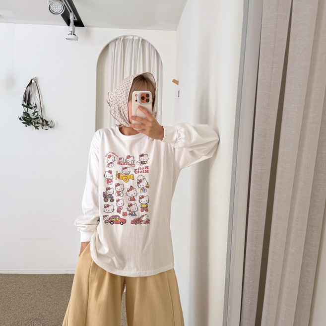 에이치스 와글와글 냥이 캐릭터 루즈핏 라운드넥 시보리 코튼 긴팔티