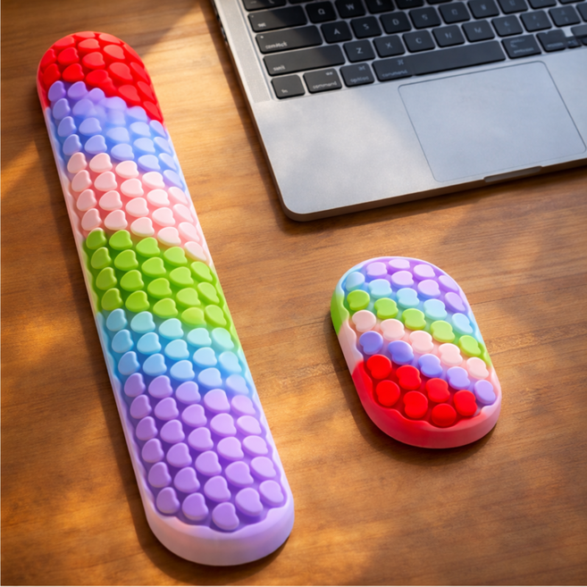 로로먼트 무지개 하트 실리콘 손목받침 세트 키보드 마우스 팜레스트 손목패드 손목쿠션 손목보호 귀여운 데스크테리어, 레인보우, 1개