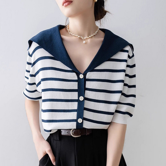 여름 여성 캐주얼 블루 스트라이프 냉장고 니트 가디건 세일러 칼라 루즈핏 시크 반팔