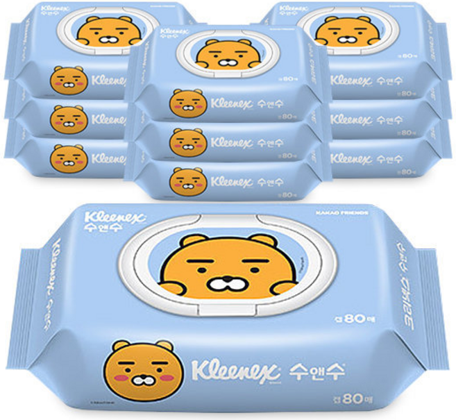 크리넥스 수앤수 물티슈 라이언 캡형 80매X10팩, 10개