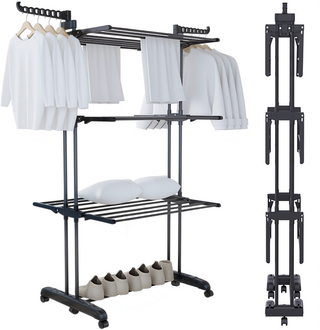 레퓰리 접이식 빨래건조대 특대형 대형 3단 4단 튼튼 이불건조대 이동식 공간절약 원룸 베란다 다용도, 블랙