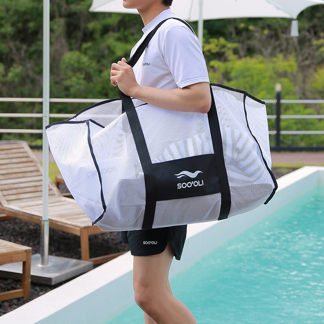 수올리 비치백 물놀이 메쉬백 빅사이즈 해변 망사 가방 대형 매쉬 숄더백, 블랙