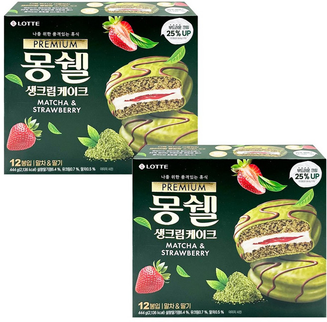 롯데웰푸드 프리미엄 몽쉘 생크림케이크 말차&딸기, 2개, 444g