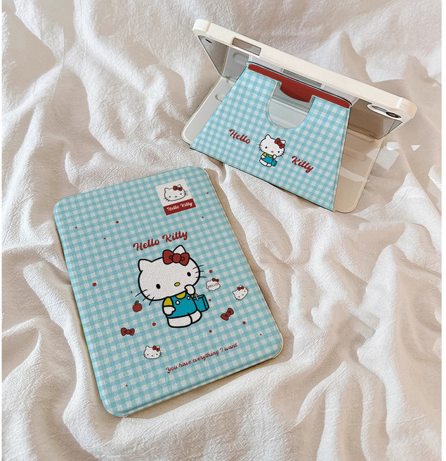 다나에 블루 체크 헬로키티 아이패드 360도 멀티 거치 애플펜슬 수납 회전 마그네틱 폴리오 케이스 +Integrated International Trade Co. Ltd 머리핀, 1개