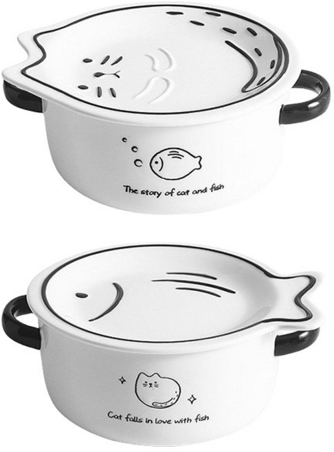 BLOWFISHFUGU 귀여운 고양이 양손 스프볼 라면그릇 손잡이라면그릇 뚜껑라면기, 2개, 화이트A+화이트B