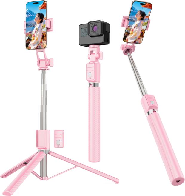 NICESUN 블루투스 휴대폰 삼각대 스마트폰/카메라/고프로 삼각대 셀카봉 170cm S8, 핑크