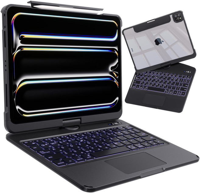 AITEWO 아이패드 키보드 케이스 일체형 360도 회전 다각도 조절 투명 케이스 트랙패드 펜슬수납 에어4/5/6/7/8세대10.9/11인치 프로1/2/3/4세대 12.9/13인치, 퓨어 블랙, 1개