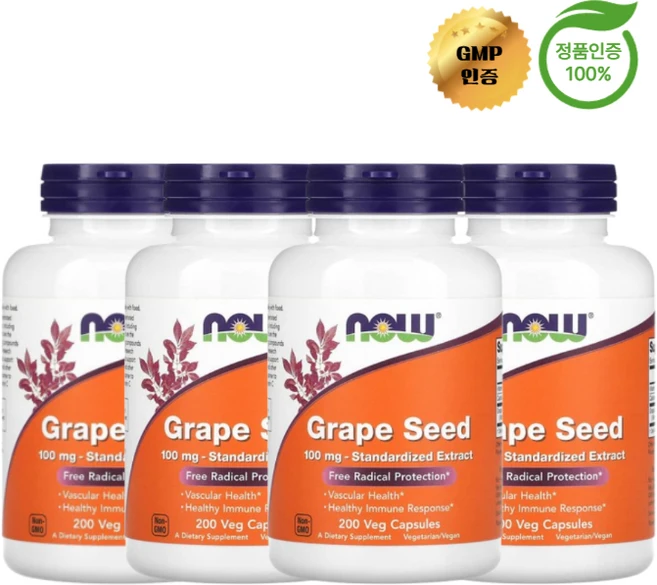 NOW Foods 포도씨 표준화 추출물 100mg 베지캡슐 200정 x 4 비타민 C 칼슘, 4개 - 쿠팡