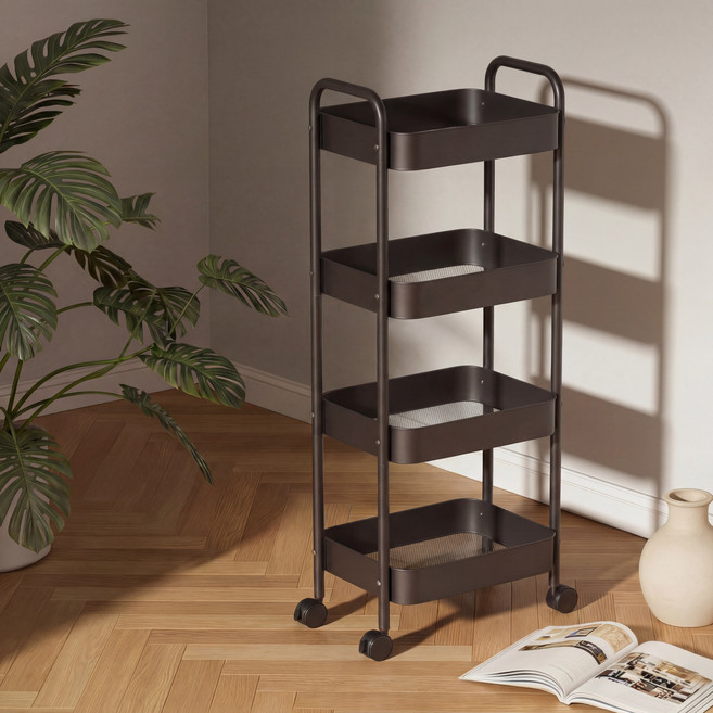 Dune 철제 메쉬 트롤리 이동식 수납 선반 바퀴형 다용도 거실 주방 인테리어 카트, 4단, 검정