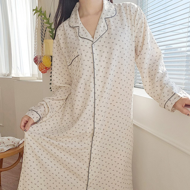 엘라운지 사계절 셔츠형 긴팔 원피스 파자마