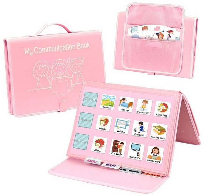 BOHEMIABY Pecs 커뮤니케이션 북 자폐 아동을 위한 시각적 스케줄 비언어적 커뮤니케이션 보드 Pecs Book 196 카드 홈 스쿨용 유아 자폐 자료 어휘 카, 핑크, 1개