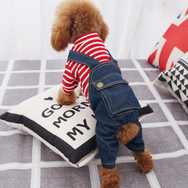 오기도기 강아지옷 스트라이프 포켓 데님 청 멜빵, 레드, 1개