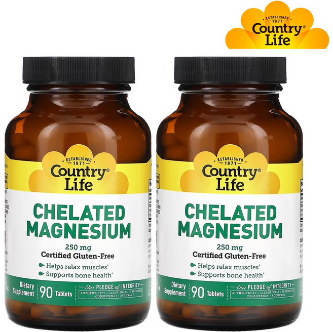 Country Life Chelated Magnesium 컨트리 라이프 킬레이트 마그네슘 250mg 90타블렛 2팩, 90정, 2개