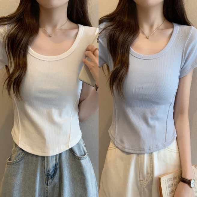 일월전빵 1+1 유넥 슬림핏 스판 데일리 심플 골지 반팔 니트 BS-C095