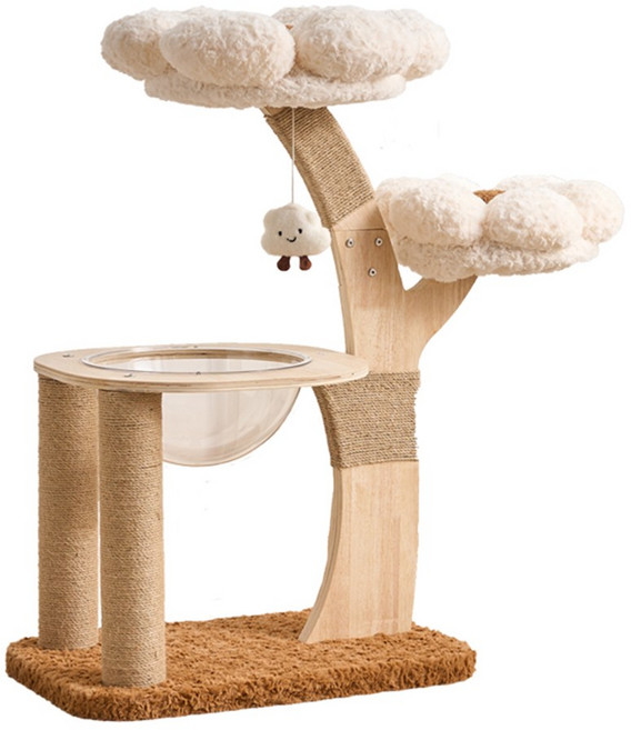펫인꼬 구름 원목 캣타워 투명 해먹 포함 튼튼한 스크래쳐 감성 인테리어 고양이 놀이터, 1개, 화이트&브라운
