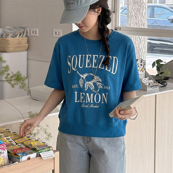 데일리앤 글린티 여성 루즈핏 레터링 프린팅 반팔 맨투맨 티셔츠 봄 여름 스웻셔츠