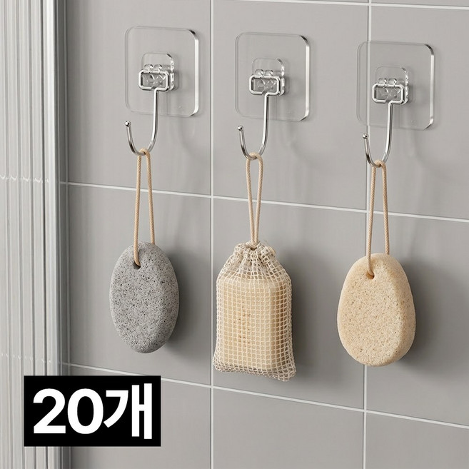 프렌티 무타공 벽걸이 접착식 후크, 투명, 20개