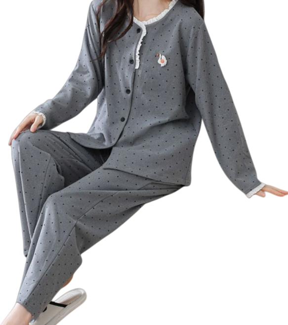 Makone 여성 가을 겨울 심플 라운드넥 파자마 스트라이프 잠옷 상하의 세트