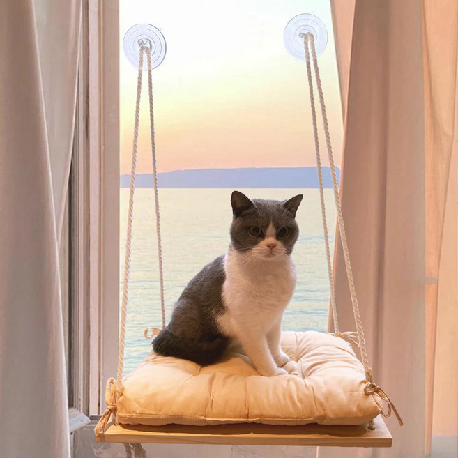 건니 로프와 두꺼운 쿠션이 있는 고양이 창문 농어 창문용 나무 해먹 소형 실내 고양이용 침대
