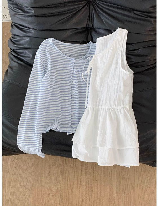 여자 여름 나시 원피스 세트 스트라이프 니트 가디건 + 민소매 미니 원피스 패션 투피스 세트 YCY