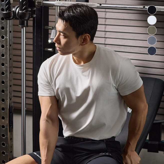 맥스모어 순면 라운드 스판 머슬핏 무지 남자 반팔티