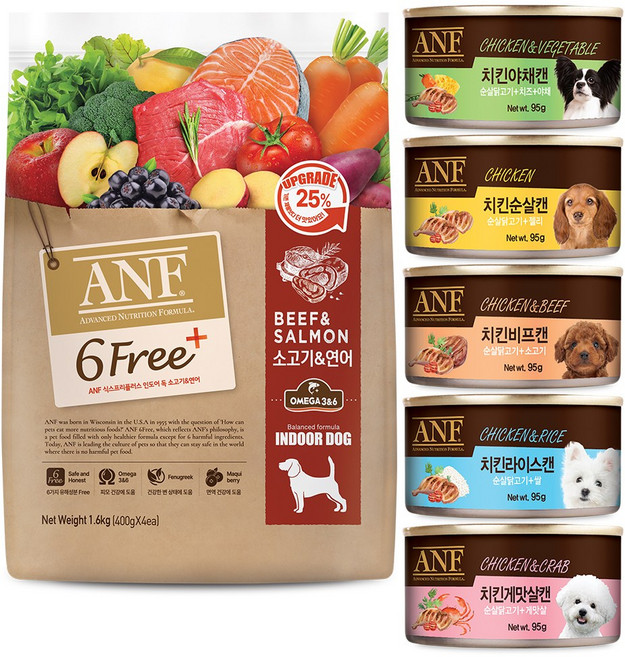 ANF 식스프리 플러스 강아지 사료 소고기 연어 1.6kg +ANF 캔 5종, 1세트, 소+닭+연어