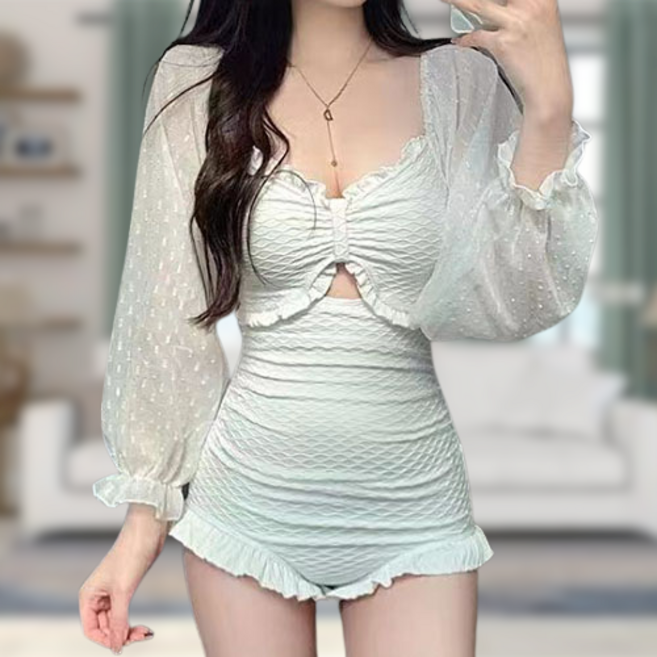 앞트임 프릴 긴팔 퍼프 원피스 여자 수영복, 그물화이트