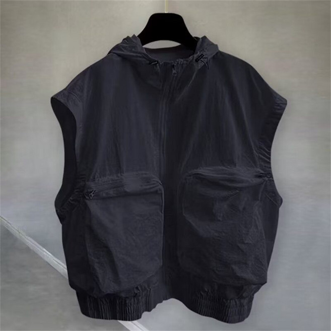 besteffie 남자 봄 여름용 캐주얼 후드 조끼 대형 포켓 심플 디자인 바람막이 빅사이즈 K97