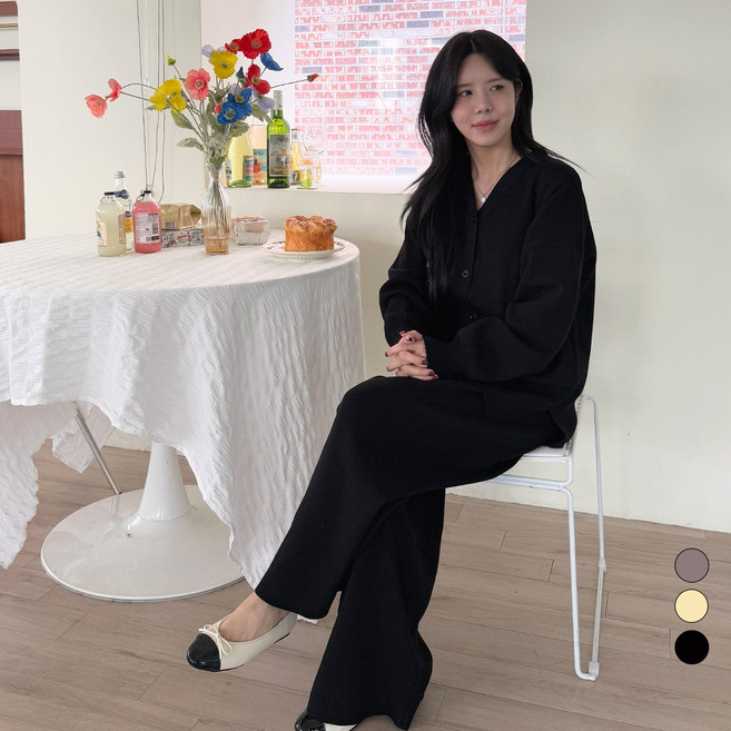디테일웨어 여성 마이엘 니트바지 브이넥 가디건 상하의세트 빅사이즈 임부복 비스코스 긴팔니트 간절기 오버핏 여자셋업