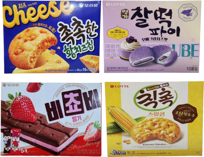 오리온 촉촉한 황치즈칩 + 찰떡파이 우베크림치즈맛 + 비쵸비 딸기 + 칙촉 스윗콘 세트, 1세트, 875g