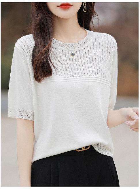 오늘코디 여성 여름 반팔 니트티 라운드넥 펀칭 니트 루즈핏 데일리 상의 S1042